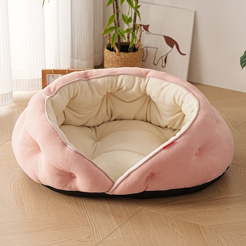 Semi-Enclosed Pet Bed with Plush Comfort and Anti-Slip Base – Ideal for Cats and Small to Medium Dogs Seeking a Cozy, Secure Sleep Spot for All Seasons (S, Pink)