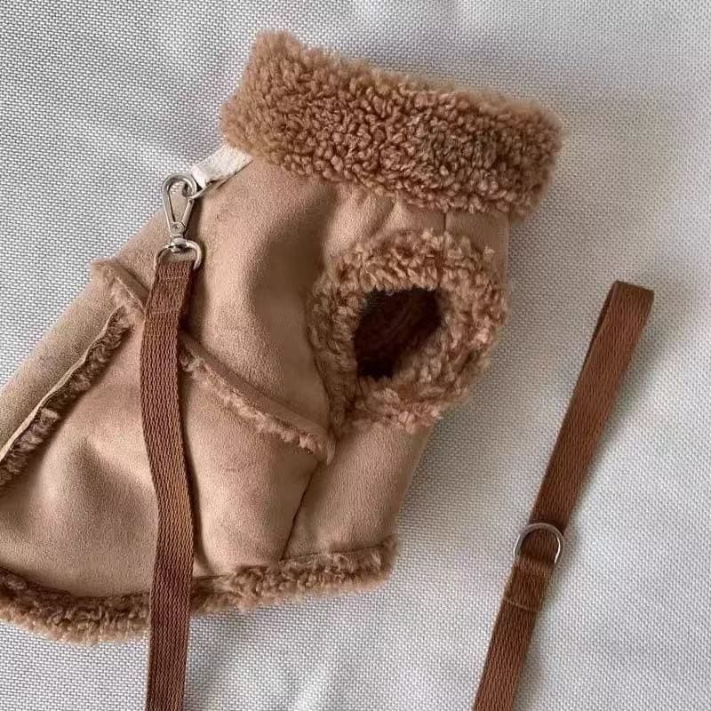 Cozy Pet Winter Vest with Leash Loop: Faux Suede & Plush Fleece Warm Coat for Small Dogs, Cats, and Puppies – Perfect for Autumn, Winter Walks, and Indoor Comfort (XL, Brown)(Leash not included)