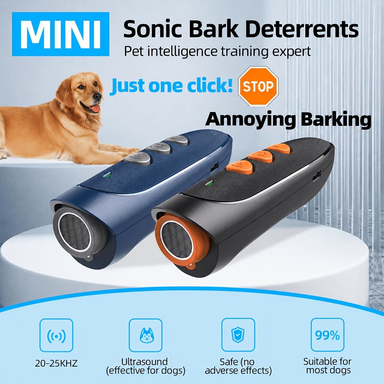 Handheld Ultrasonic Anti-Barking Training Device for Dogs, Safe and Humane Deterrent with LED Light, Indoor and Outdoor Use (Navy)