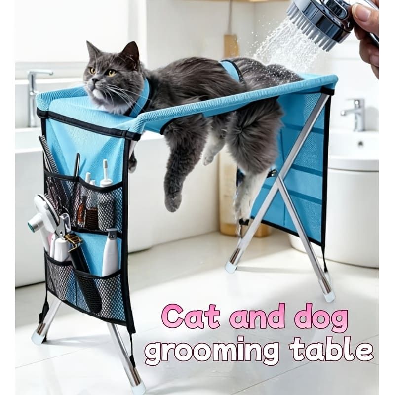 Foldable Pet Grooming Table for Cats and Small Dogs, Multi-functional Care Station with Mesh Bed, Storage Pockets, and Adjustable Restraint Straps for Nail Trimming, Hair Brushing, Bathing, and Ear Cleaning (Black)