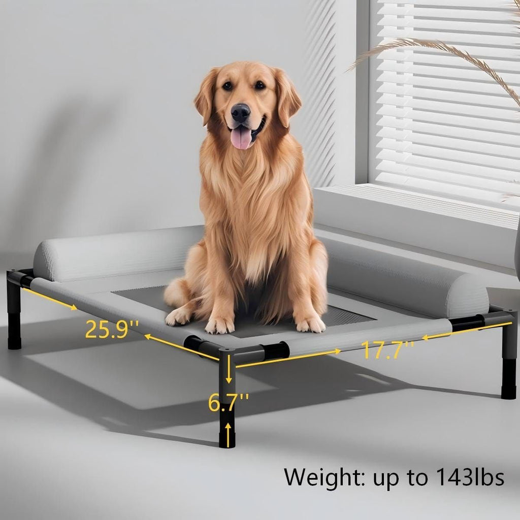 Elevated Pet Cot with Bolster Cushion, Portable Dog Bed for Indoor & Outdoor Use, Removable Washable Cover, Breathable Mesh Design for Warm Weather Comfort (Gray)