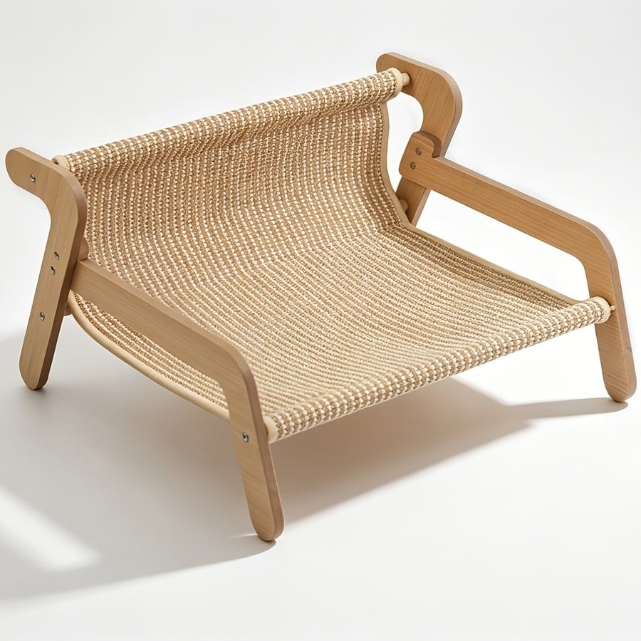 Curved Wooden Cat Lounge Chair with Sisal Scratching Surface – Hammock-Style Pet Bed for Indoor Rest, Play, and Nail Trimming, Fits Living Room or Balcony (Yellow)