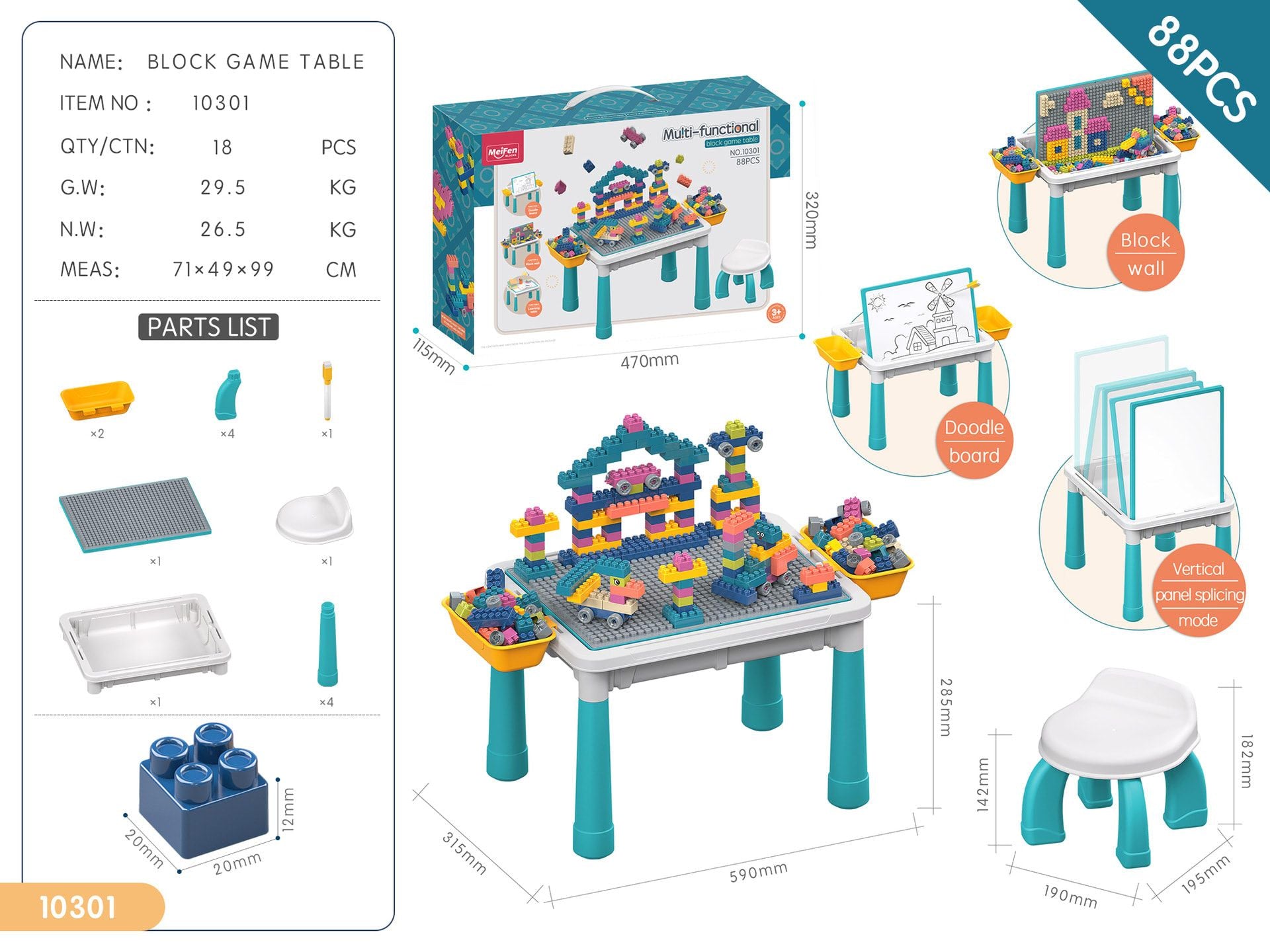 Multifunctional Kids Building Block Table Set with Storage, Compatible with 3-6 Year Olds, Includes Chair and 88-380PCS Colorful Bricks, Ideal for Learning, Drawing, Sand & Water Play (300PCS)