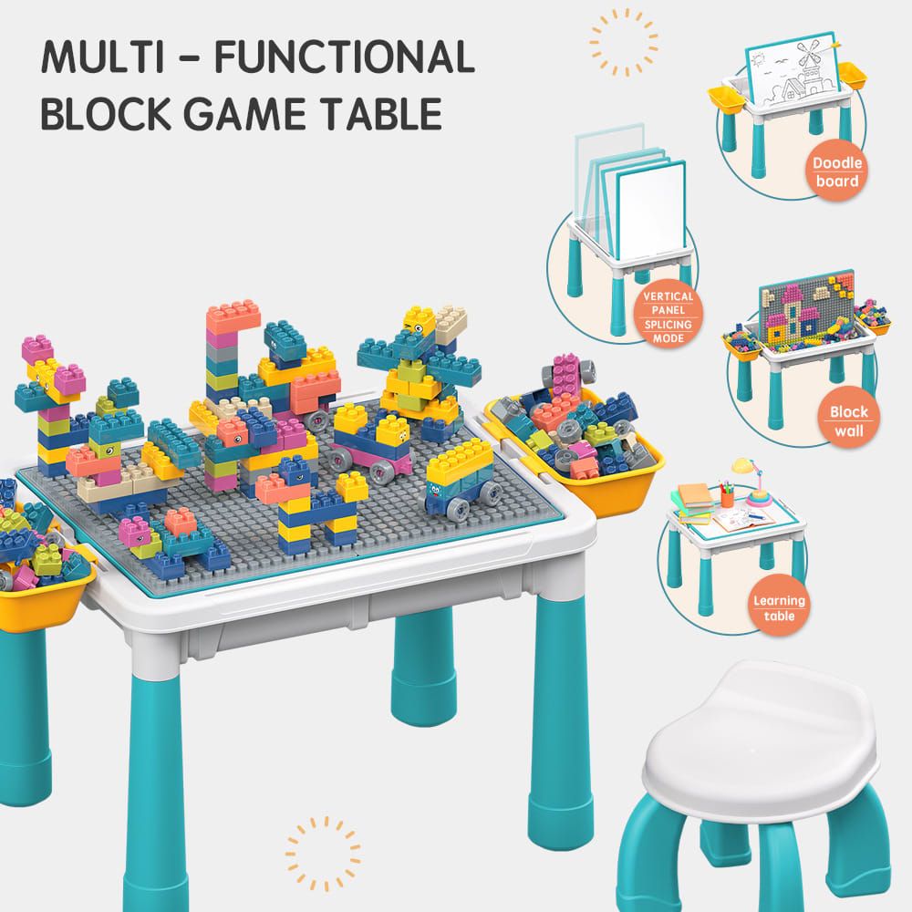 Multifunctional Kids Building Block Table Set with Storage, Compatible with 3-6 Year Olds, Includes Chair and 88-380PCS Colorful Bricks, Ideal for Learning, Drawing, Sand & Water Play (380PCS)