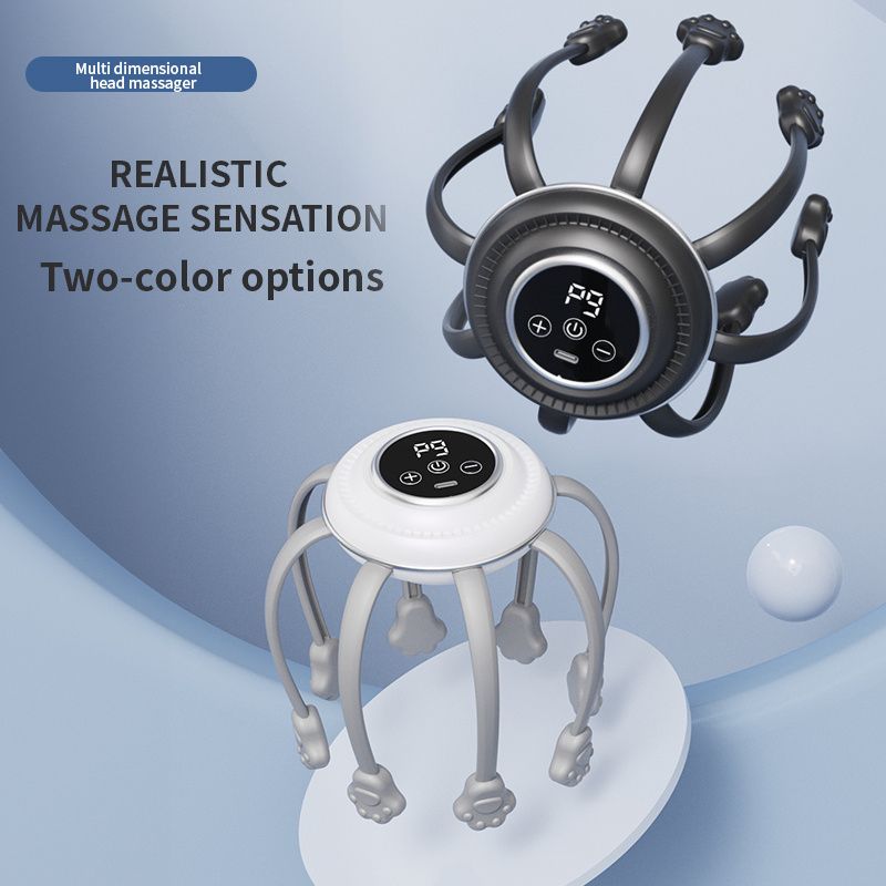 Wireless Octopus Head Massager USB Rechargeable Scalp Relaxation Black