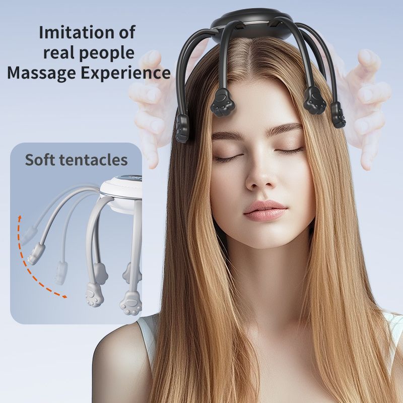 Wireless Octopus Head Massager USB Rechargeable Scalp Relaxation Black