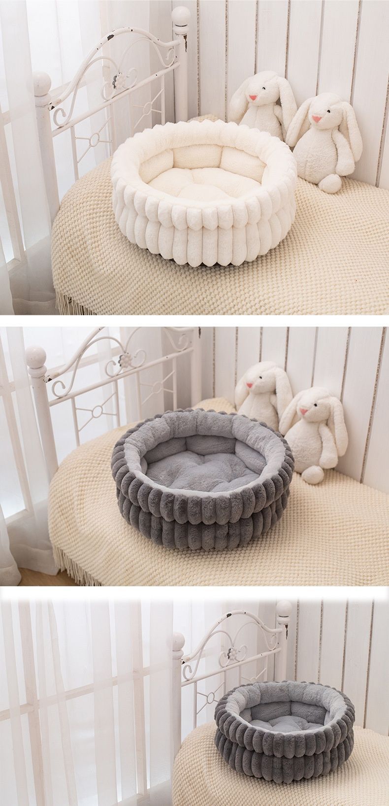 Pet Bed Cat Bed Dog Bed All-Season Bed Ultra-Soft Plush Large Pet Bed Round Pet - White - Size 40-15-15