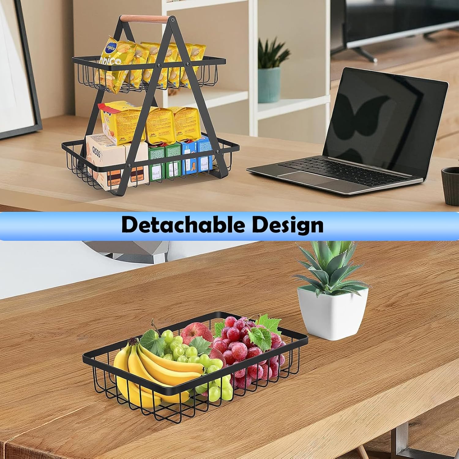 CARLA HOME 2-Tier Fruit Basket Stand for Kitchen Countertop for Fruits, Vegetables, Bread & Snacks with Wooden Handle