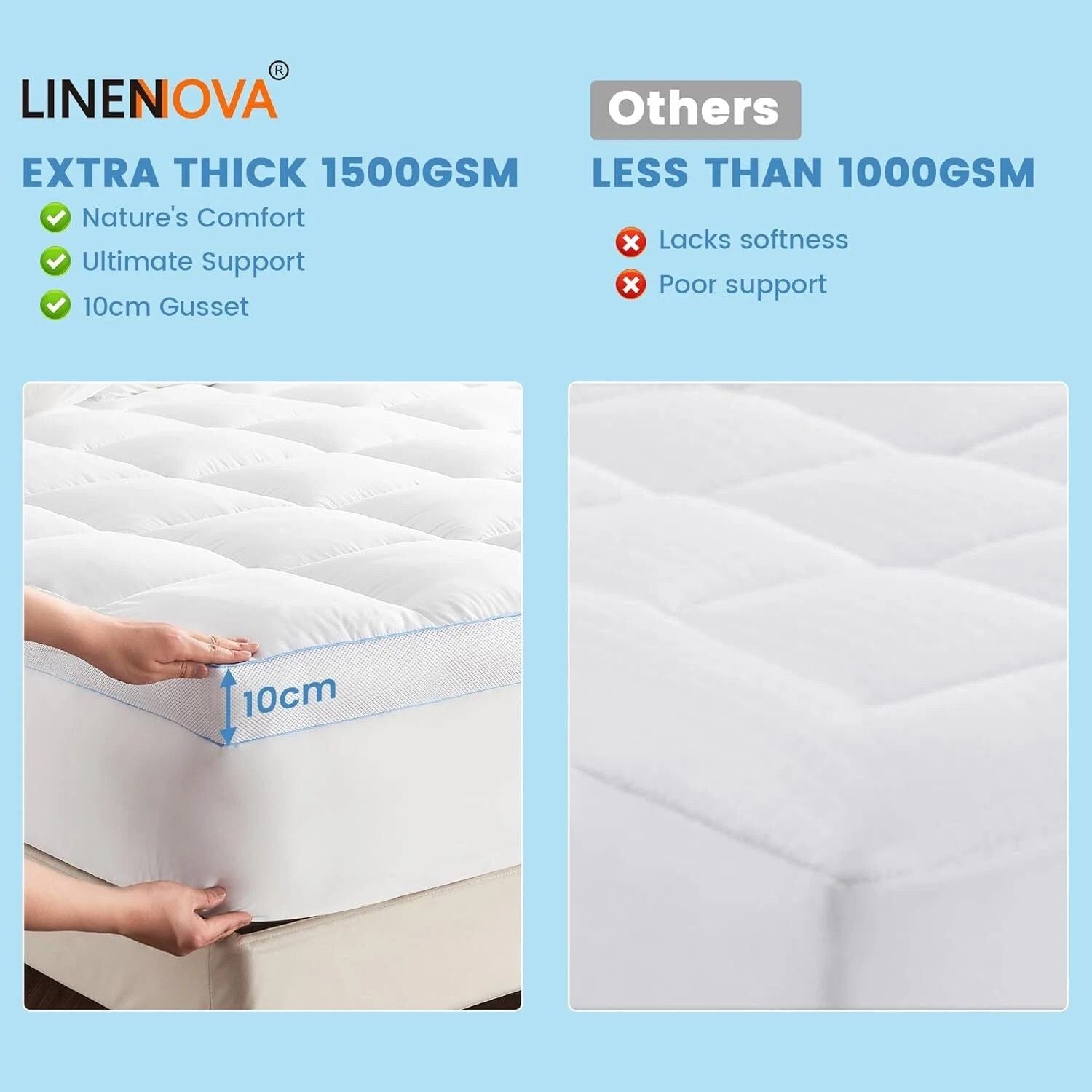 1500GSM Bamboo Mattress Topper Extra Thick 10CM Bed Topper Double: 137 x 191 + 40 cm