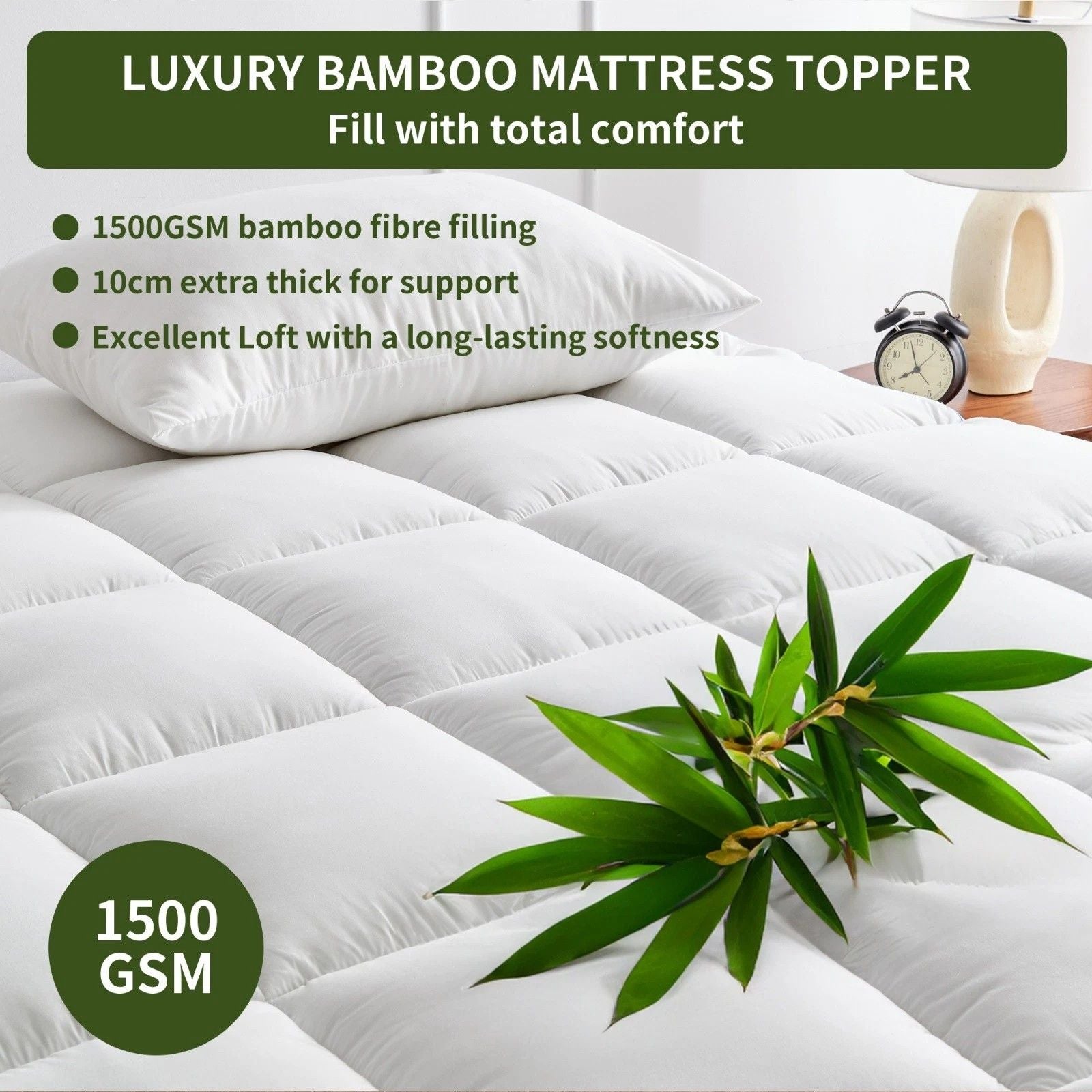 1500GSM Bamboo Mattress Topper Extra Thick 10CM Bed Topper Double: 137 x 191 + 40 cm