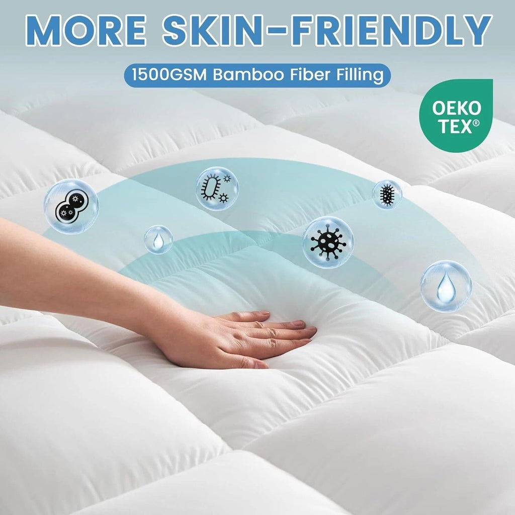 1500GSM Bamboo Mattress Topper Extra Thick 10CM Bed Topper King Single: 107 x 203 + 40 cm
