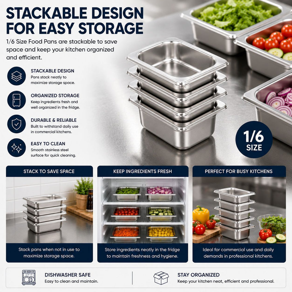 Commercial Stainless Steel GN 1/6 100mm Deep Gastronorm Bain Marie Buffet Steam Table Food Pan