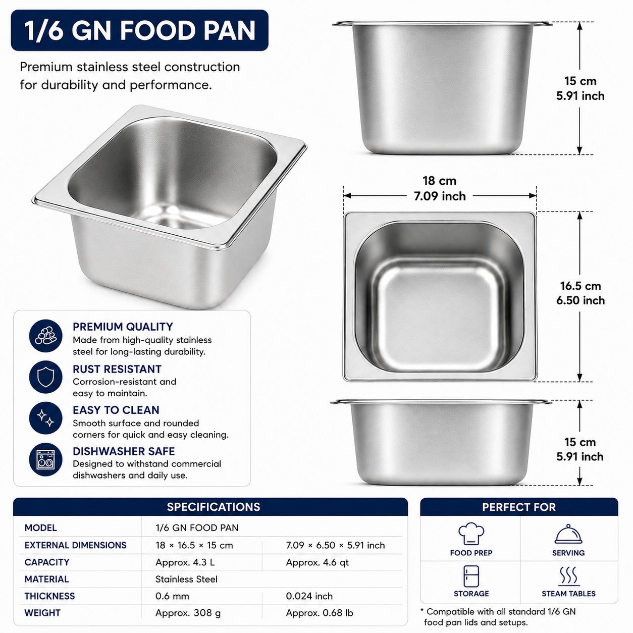 Commercial Stainless Steel GN 1/6 150mm Deep Gastronorm Bain Marie Buffet Steam Table Food Pan with Lid
