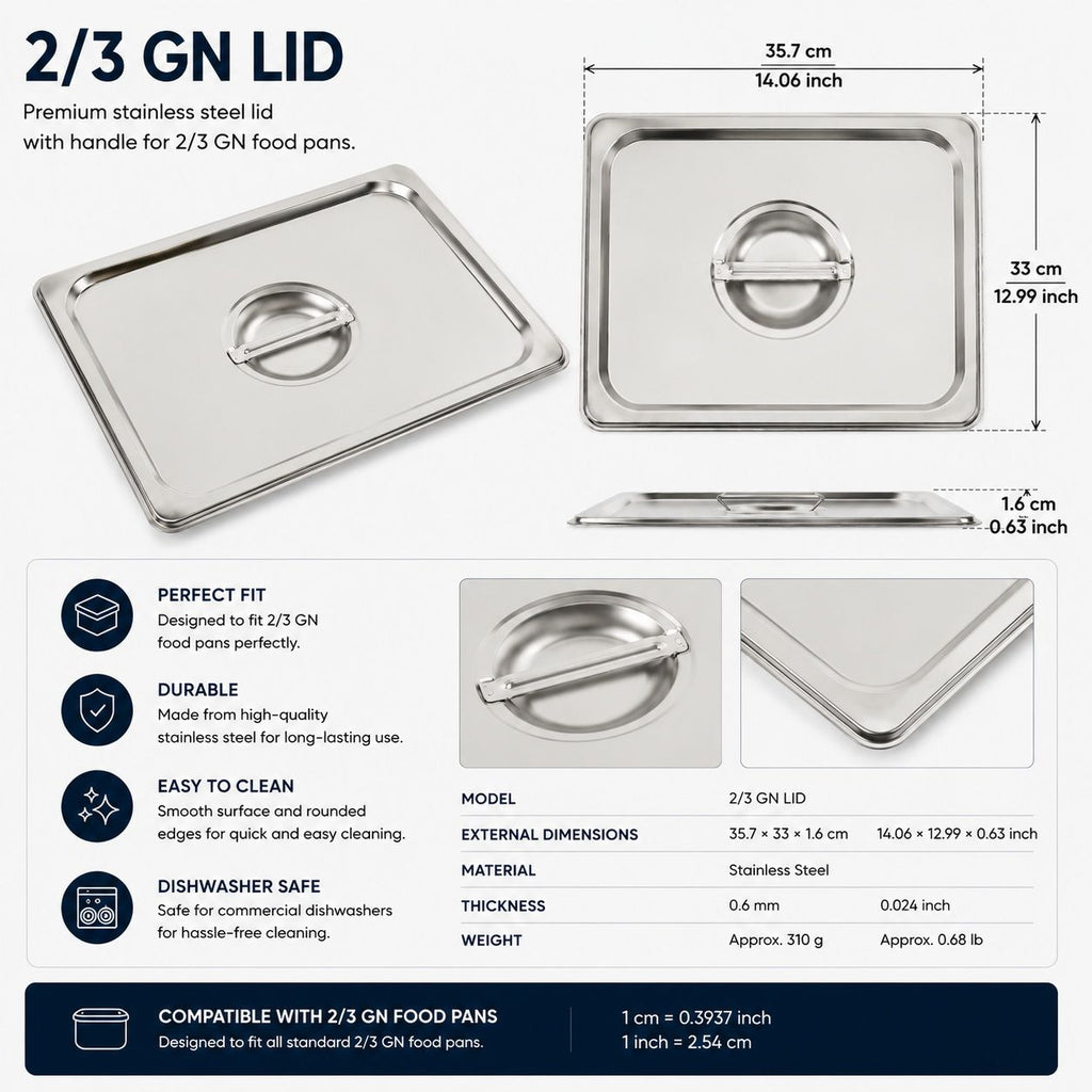 Commercial Stainless Steel GN 2/3 100mm Deep Gastronorm Bain Marie Buffet Steam Table Food Pan with Lid