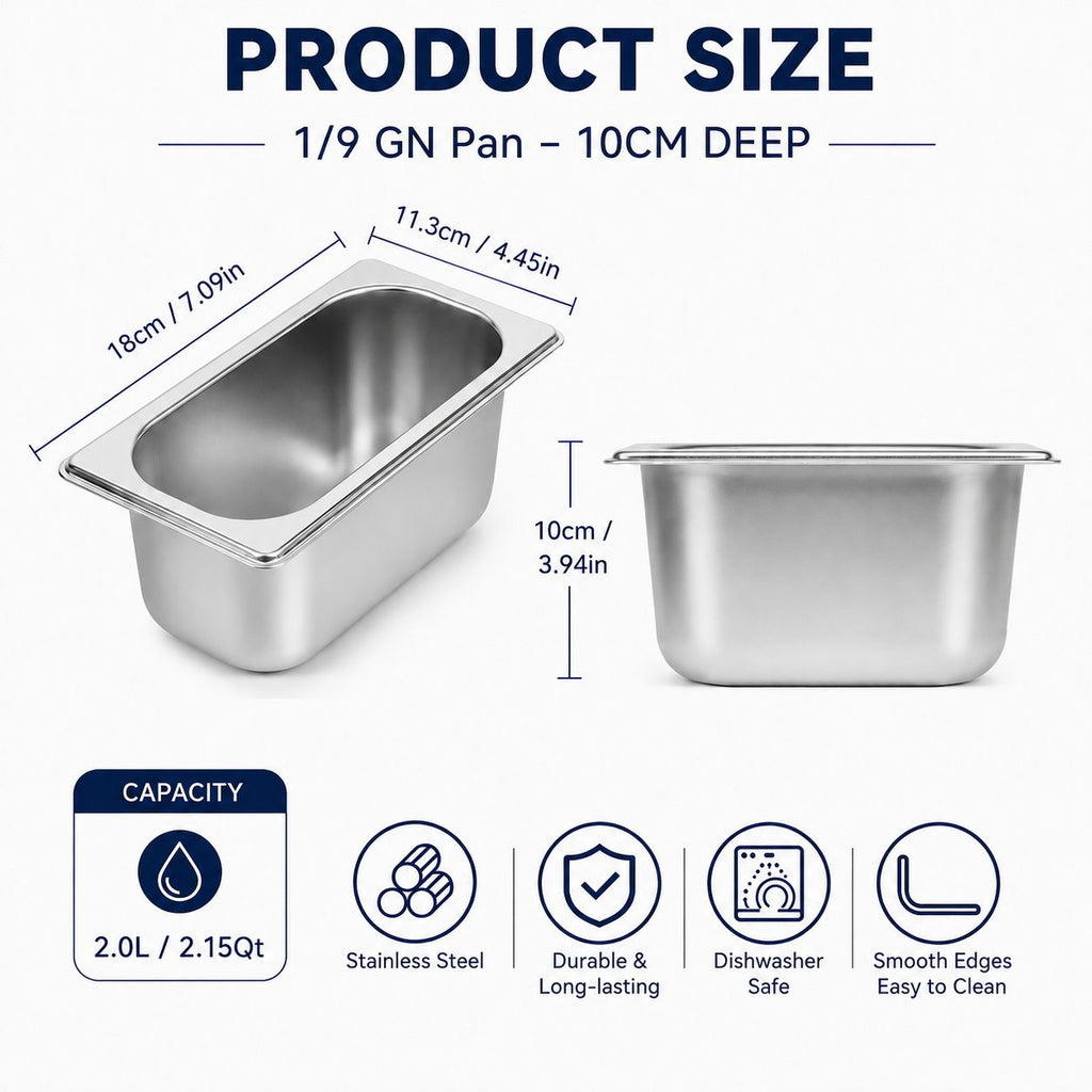 Commercial Stainless Steel GN 1/9 100mm Deep Gastronorm Bain Marie Buffet Steam Table Food Pan with Lid