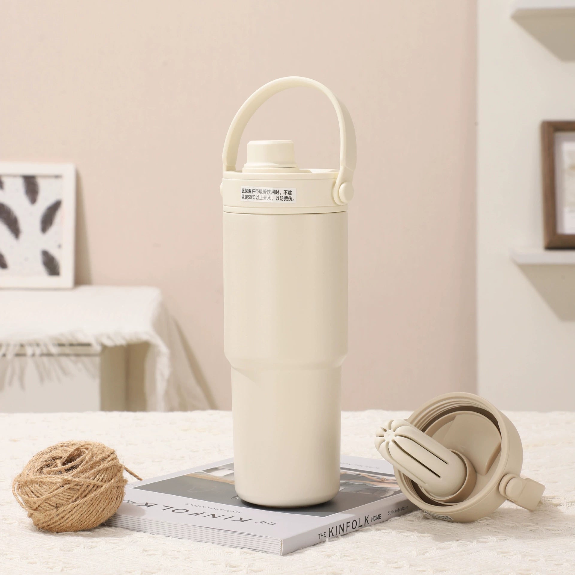 White 30oz Ceramic-Lined Insulated Tumbler with Handle, 735ml Stainless Steel Travel Mug