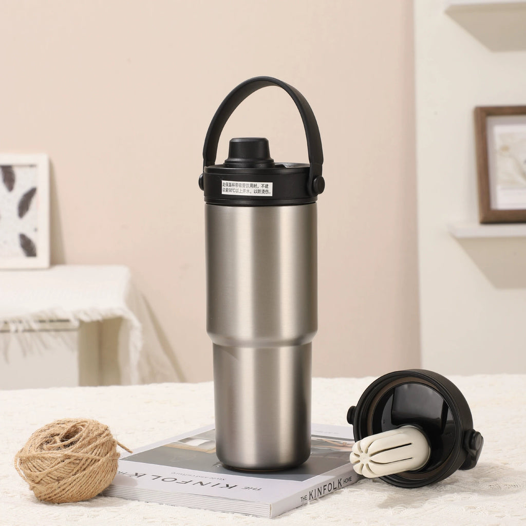 Silver 30oz Ceramic-Lined Insulated Tumbler with Handle, 735ml Stainless Steel Travel Mug