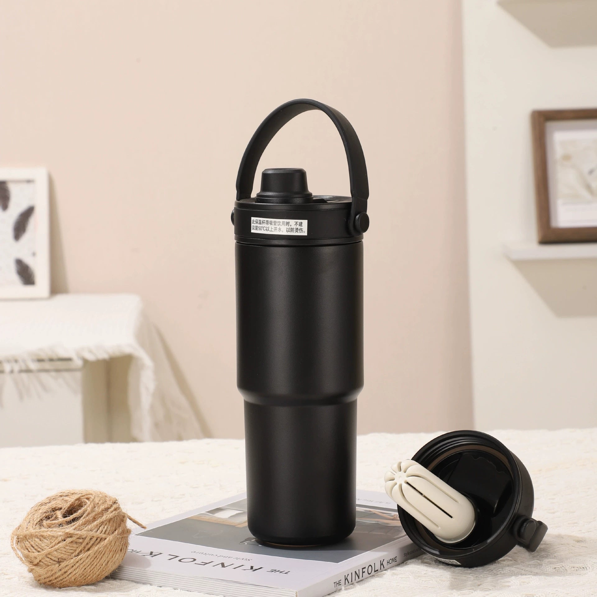 Black 30oz Ceramic-Lined Insulated Tumbler with Handle, 735ml Stainless Steel Travel Mug