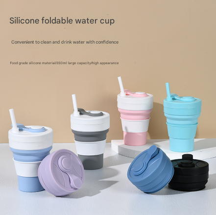 2 Pcs Dark Blue 350ml Collapsible Silicone Travel Cup - Portable, Leak-Proof & Food-Grade Drinking Mug with Lid, Insulating Sleeve & Straw