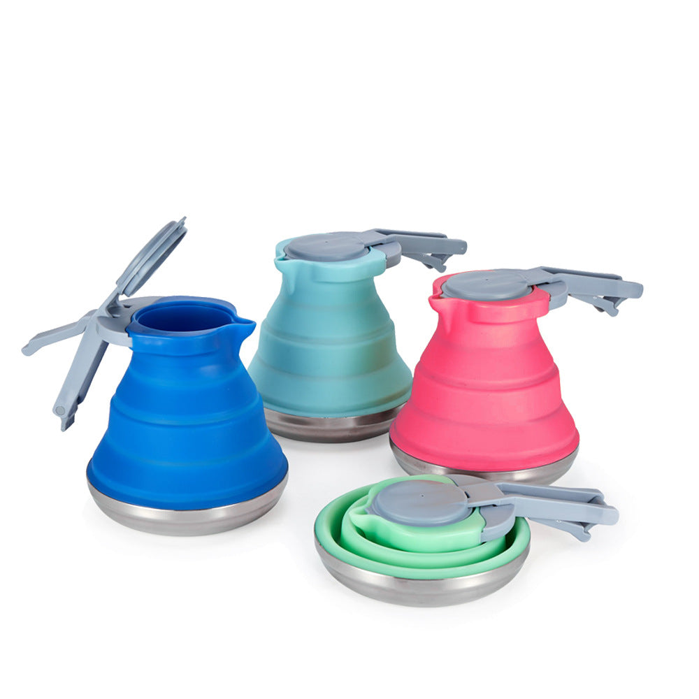 Blue 1.5L Collapsible Silicone Camping Kettle - Portable Foldable Travel Water Boiler, Stainless Steel Base