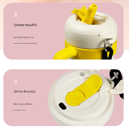 Pink and Black 700ml Insulated Stainless Steel Tumbler with Handle, Dual-Sip Lid, Straw & Tea Infuser