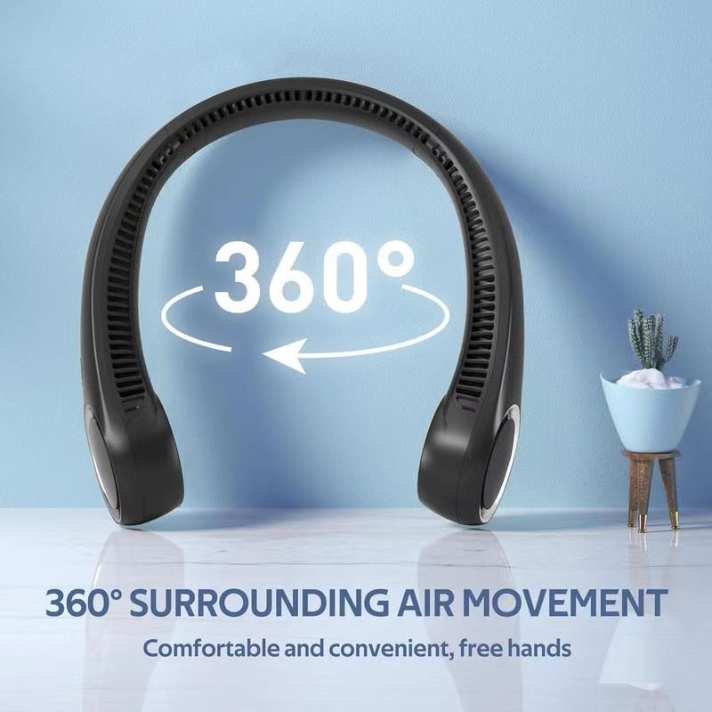 Portable Neck Fan 4000mAh Rechargeable Bladeless Personal Fan 3 Speeds Quiet Hands Free Cooling Device with 360 Airflow USB Type-C for Travel Outdoor Black