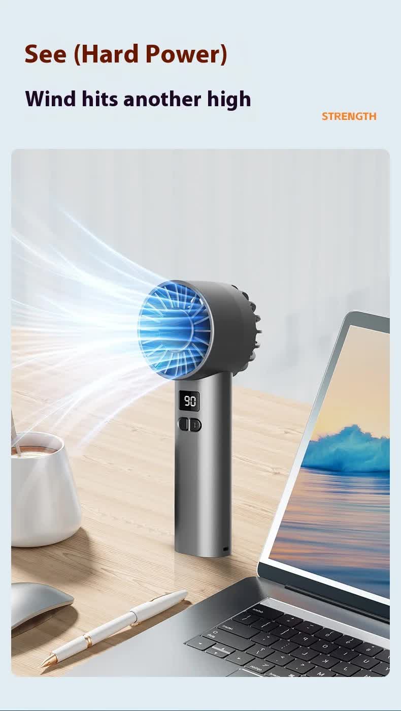 High Speed Handheld Turbo Fan 100 Adjustable Speeds Digital Display Portable Personal Cooling Device Rechargeable Type-C for Travel Outdoor Grey