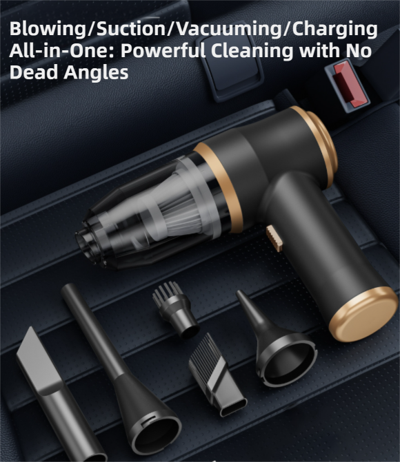 4-in1 Black Wireless Compact Handheld Car Vacuum Cleaner & Air Duster  with 5 Nozzles/Brushes- 15000 Pa Ultra-Powerful Blower/Suction Tool for Auto, Home & Office