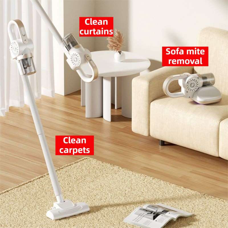 White 3-Head Cordless Handheld UV Mite Remover Set with Floor & Mite Head - 11KPA Powerful Suction & 8000 Times/Min High-Frequency Vibration for Carpet & Mattress, Type-C Rechargeable