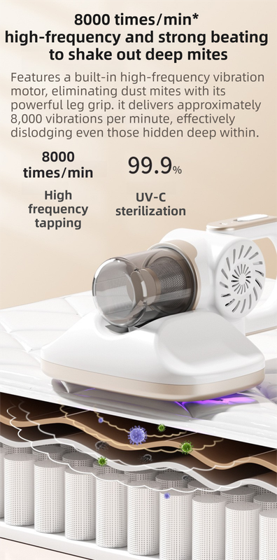 White Cordless Handheld UV Mite Remover - Bed Vacuum with 11KPA Powerful Suction & 8000 Times/Min High-Frequency Vibration for Carpet & Mattress, Type-C Rechargeable