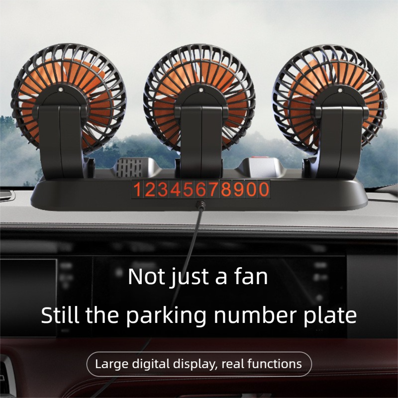 3-in-1 Powerful Car Dual Head Fan (12V Lighter Power) - Quiet Cooling Fan Integrated Aromatherapy & Number Plate, with 360° Rotation & 130cm Long Cord