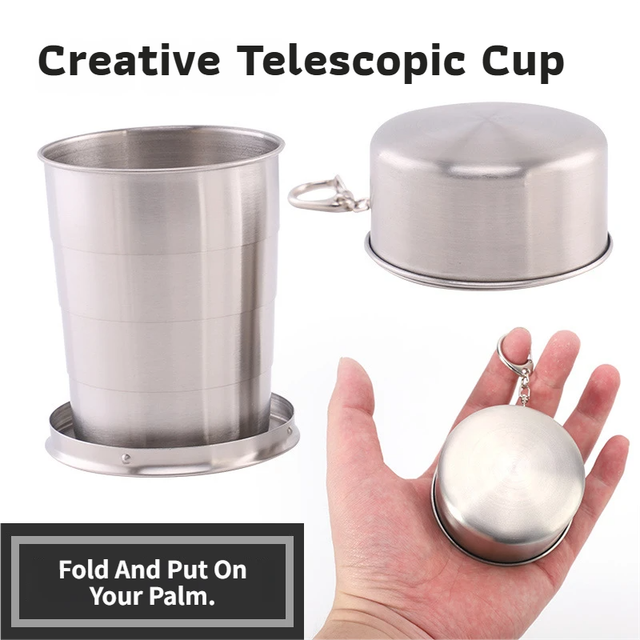 Collapsible Travel Cup Set 3pc Stainless Steel Telescopic Keychain Gold