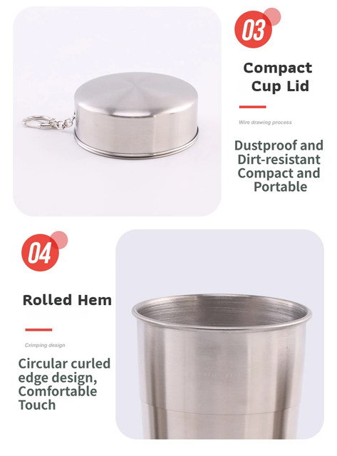 Collapsible Travel Cup Set 3pc Stainless Steel Telescopic Keychain Gold