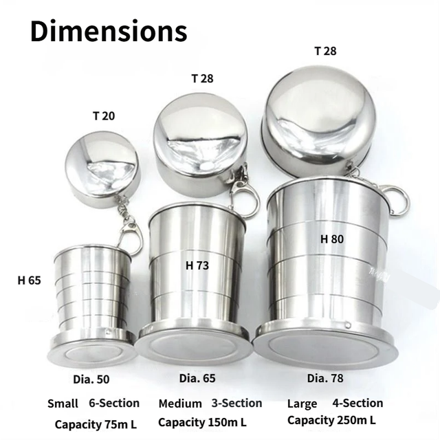 Collapsible Travel Cup 75ml Stainless Steel Telescopic Keychain Camping Silver