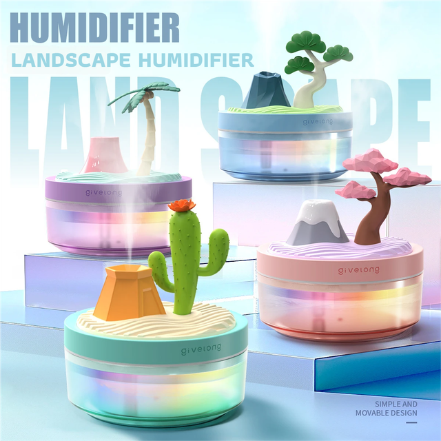 Coconut Tree Purple USB Portable Bionic Landscape Humidifier and Creative Potted Plant Air Diffuser - 7-Color Night Light & 2-Mode Mist Timer