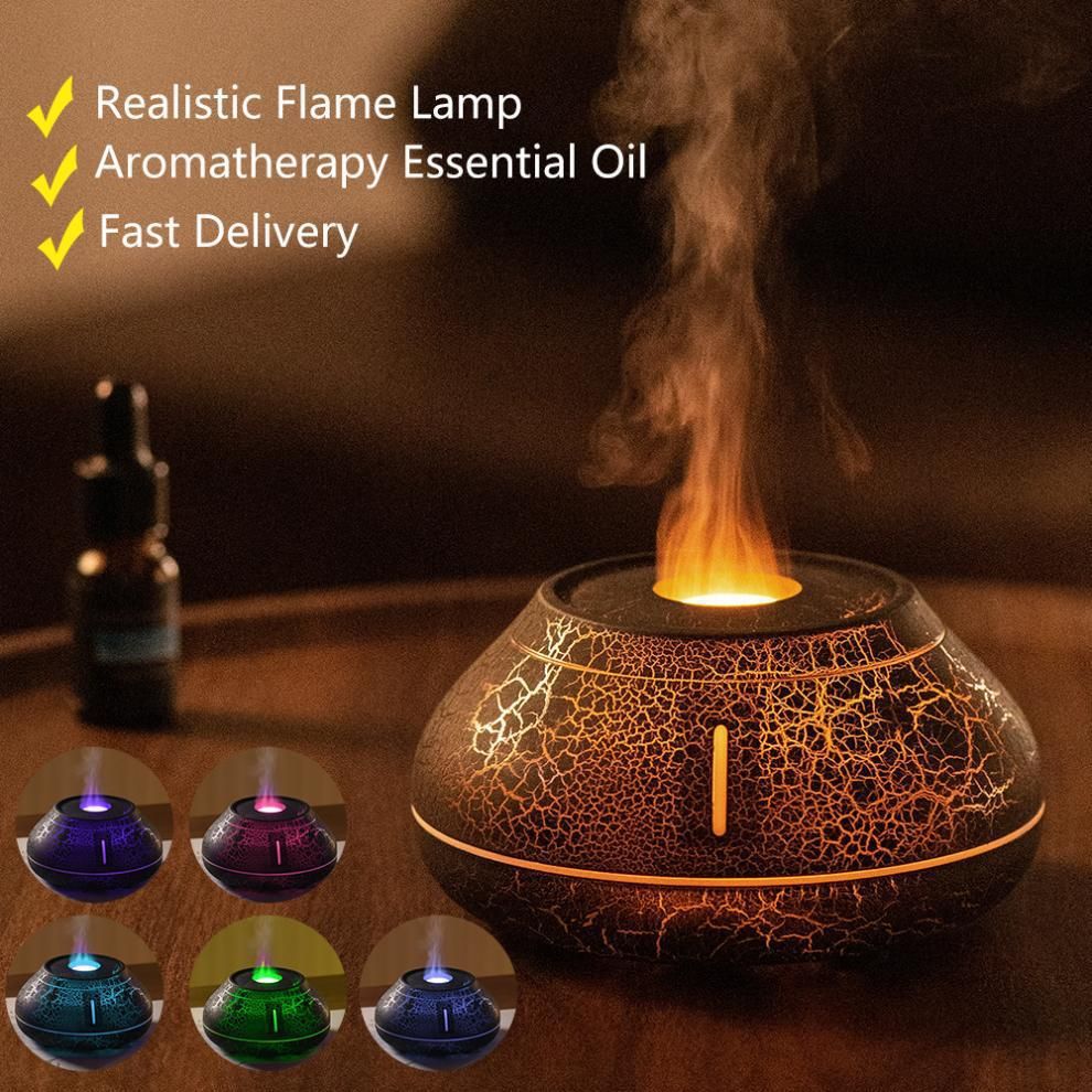 Black 7-Color Flame Ultrasonic Nano Mist Humidifier & Diffuser - Type-C Powered Realistic Fire Effect Mood Lamp for Home & Office