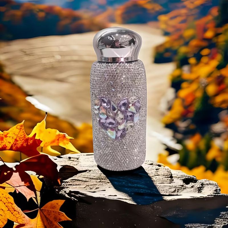 Rhinestone Insulated Bottle 260ml Stainless Bling Mug Heart Pattern Purple