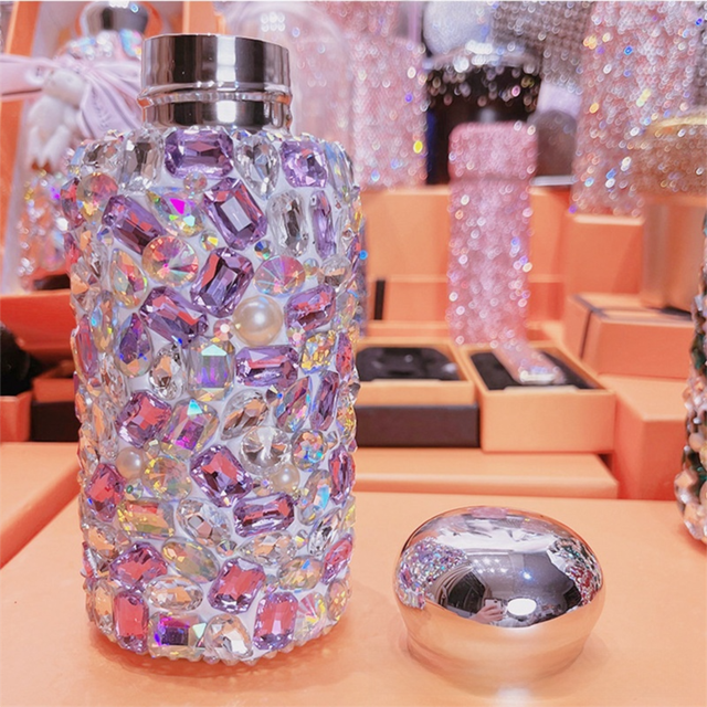 Rhinestone Insulated Bottle 260ml Stainless Bling Mug Square Crystal Purple