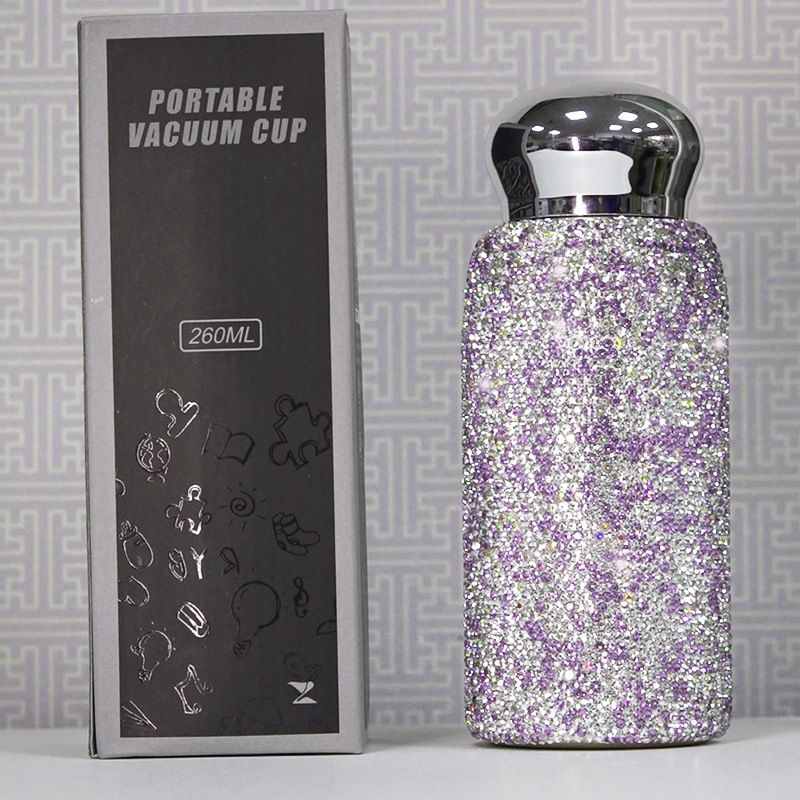 Rhinestone Insulated Water Bottle 260ml Stainless Steel Bling Mug Purple