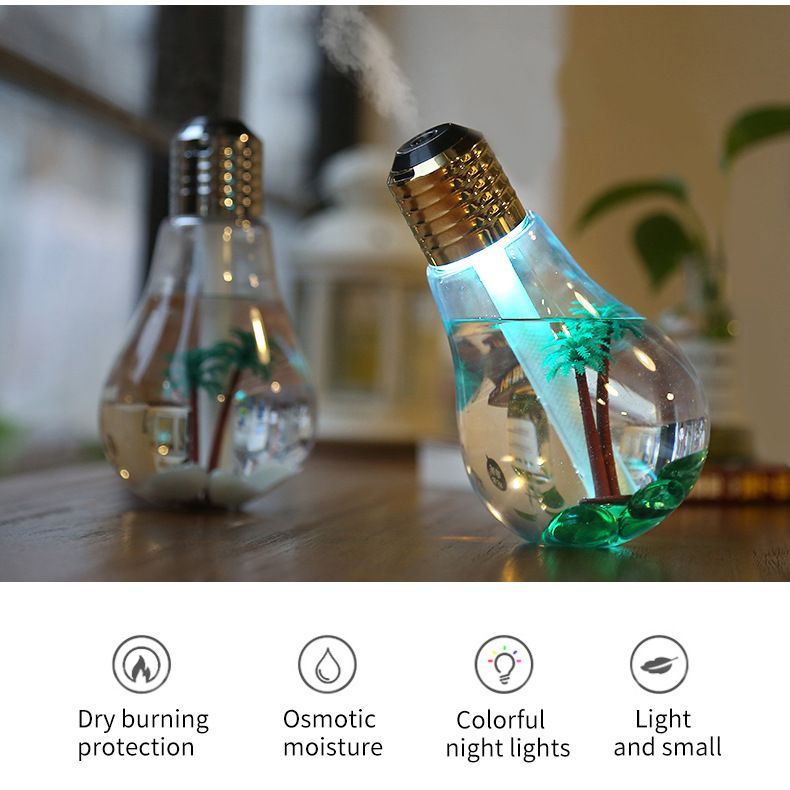 2-piece Golden and Silvery Bulb-Shaped Mini Humidifier – 400ml Ultrasonic Air Moisturizer with 7-Color LED Night Light & Silent Operation – Desktop Decor for Bedroom, Office & Nursery