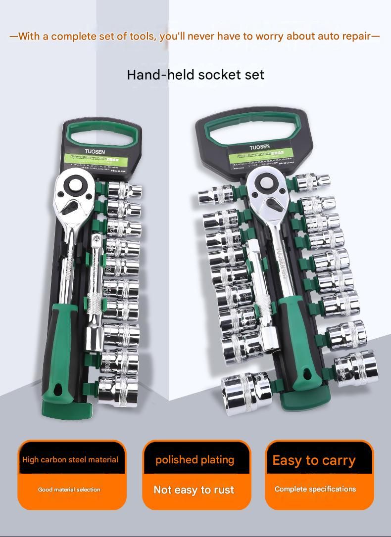 Green 12-Piece 3/8-Inch Drive 24-Tooth Ratchet & Socket Set — High-Carbon Steel, Mirror-Polished Socket Wrench Tool Kit — Automotive Repair Tool Set with Quick-Release Ratchet — Ideal for Car Maintenance, Mechanical Repairs, and DIY Projects