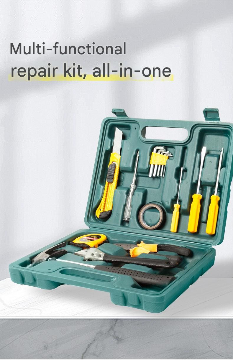 Green 9 Piece Set -Multi-Purpose Home & Car Tool Kit -  Durable Blow-Molded Case, Utility Knife, Tape Measure, Pliers, Hammer, Screwdrivers, Allen Keys - Compact Emergency Repair Set for DIY and Auto Maintenance