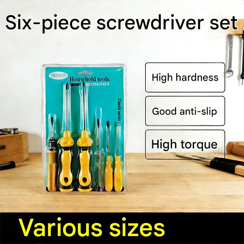 Yellow 6-Piece Household Screwdriver Set – Carbon Steel Tips, Plastic Shafts, Includes Voltage Tester – Durable & Ergonomic DIY Repair Kit for Home Use