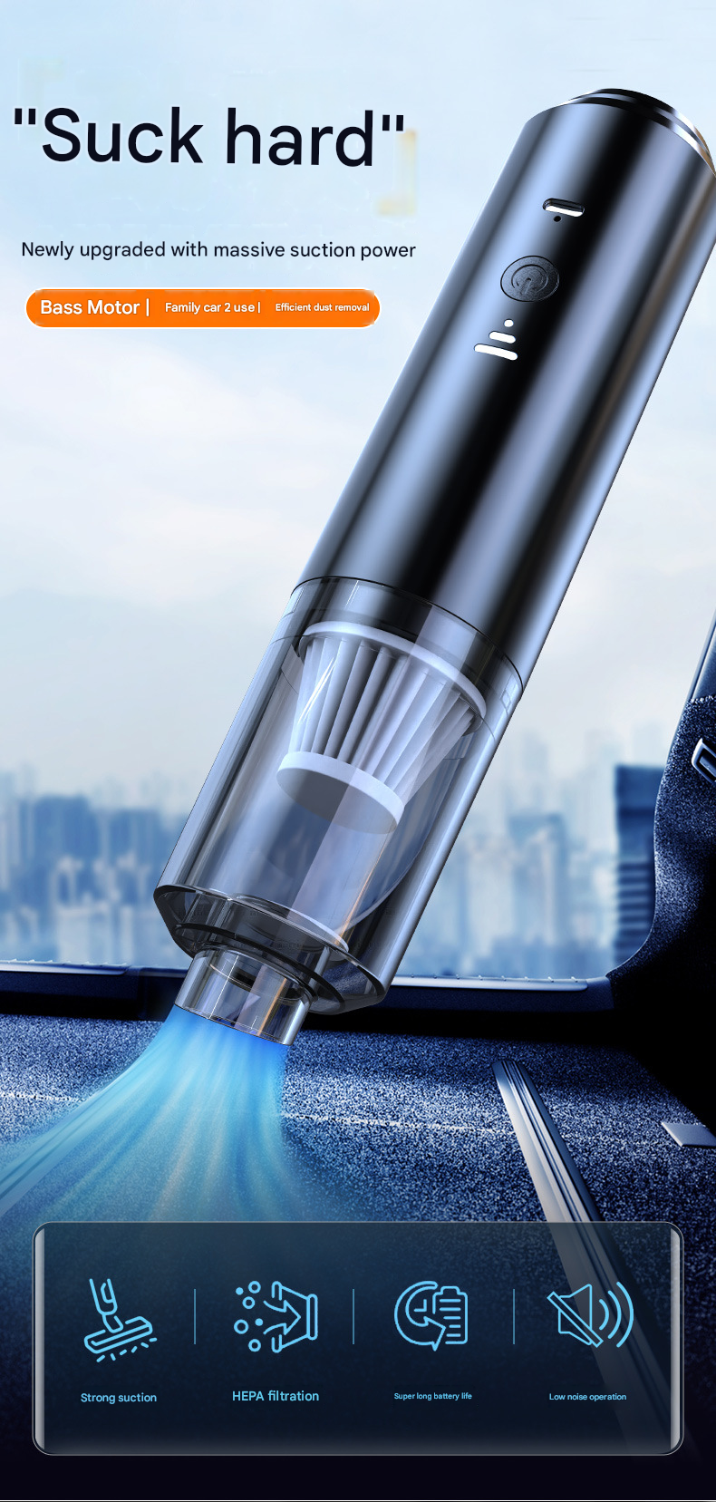 Black 7.4V Wireless Handheld Car Vacuum Cleaner - 45000Pa Strong Suction, HEPA Filter, Type-C Rechargeable, Low Noise <60dB, Blower & Vacuum for Car Interior, Home, Pet Hair, Keyboard