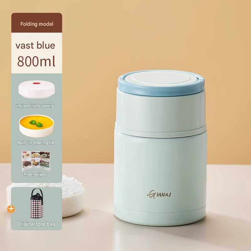 Thermal Food Jar 800ml Stainless Steel Insulated Soup Lunch Pot Foldable Blue
