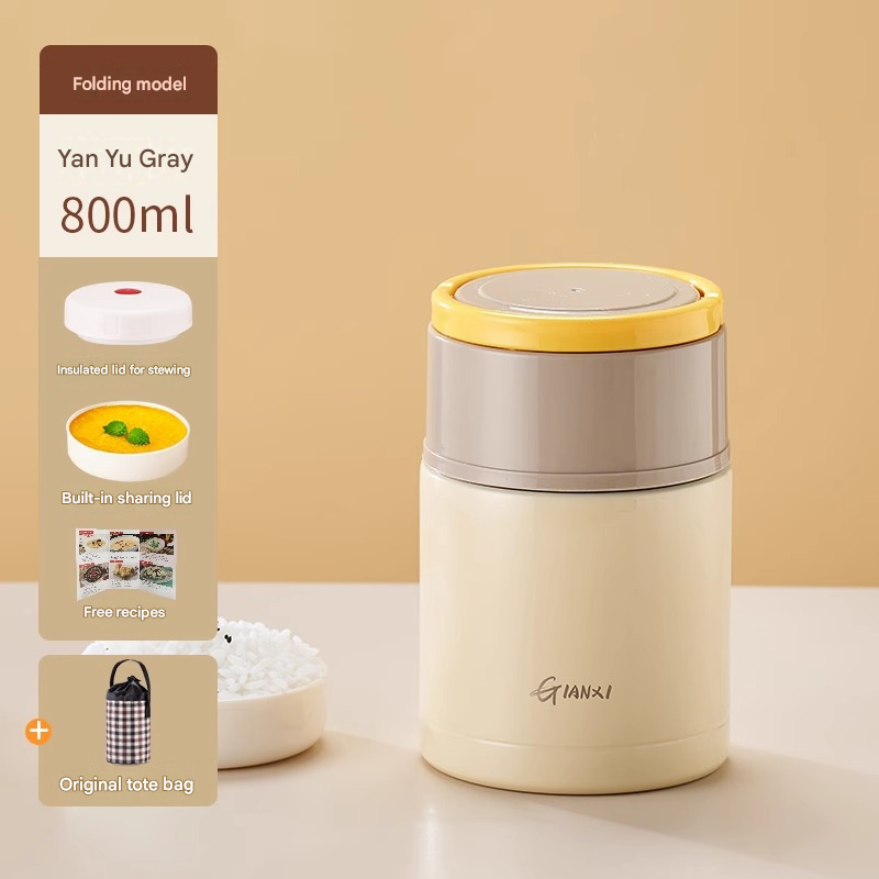 Thermal Food Jar 800ml Stainless Steel Insulated Soup Lunch Pot Foldable Brown