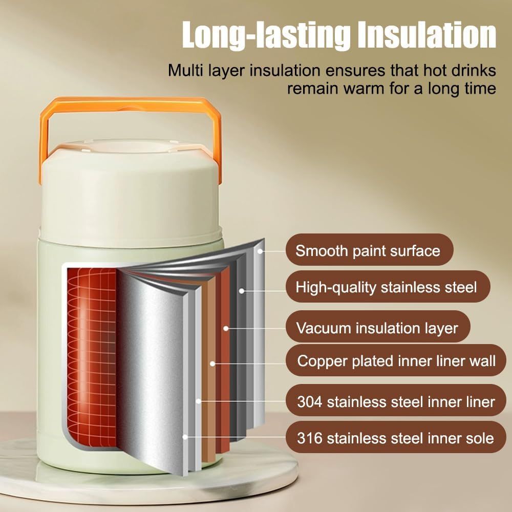 Thermal Food Jar 800ml Stainless Steel Insulated Soup Lunch Pot Foldable Brown