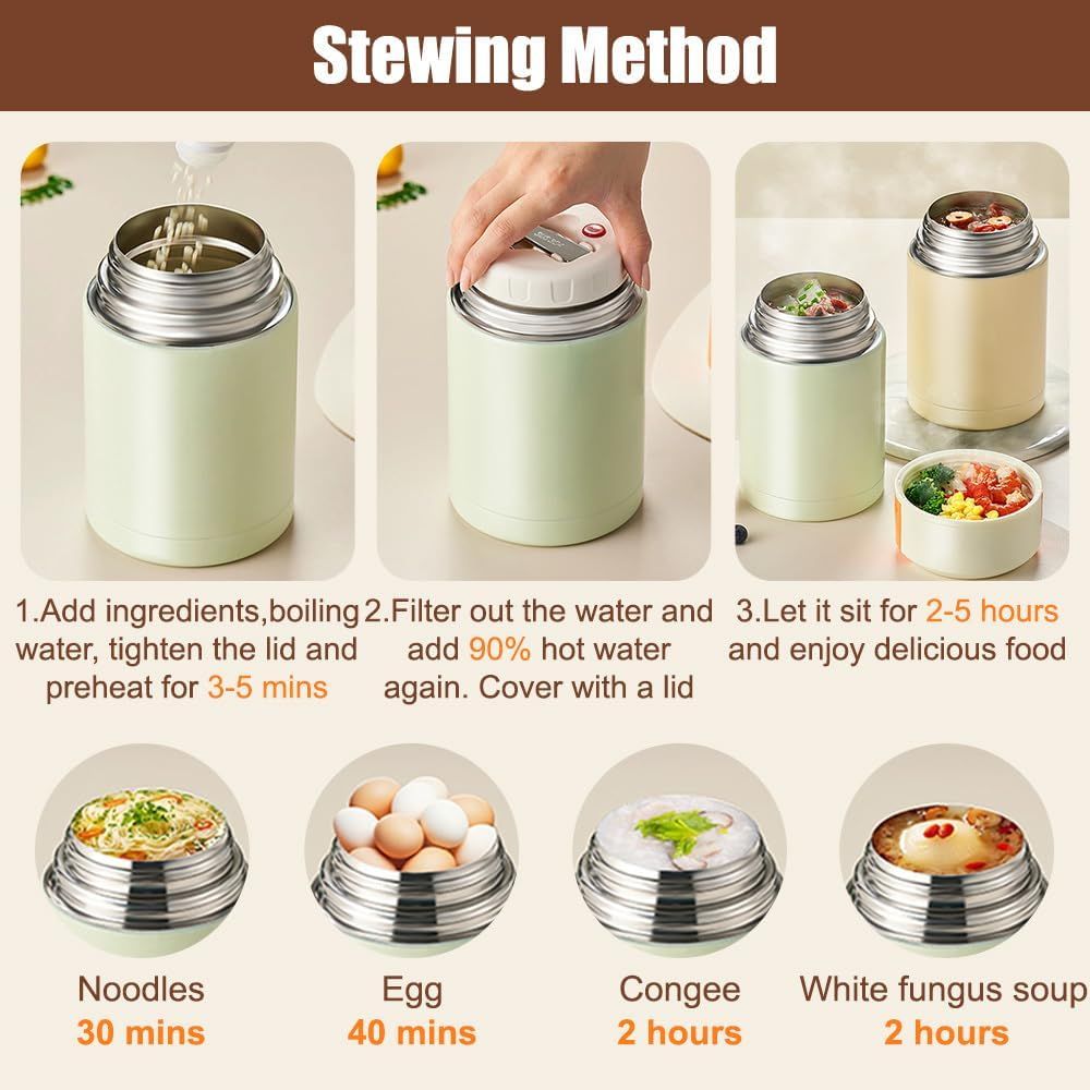 Thermal Food Jar 800ml Stainless Steel Insulated Soup Lunch Pot Foldable Brown