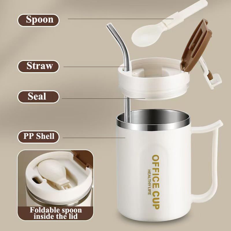 Insulated Coffee Mug 500ml Stainless Steel Phone Stand Lid Straw White Brown