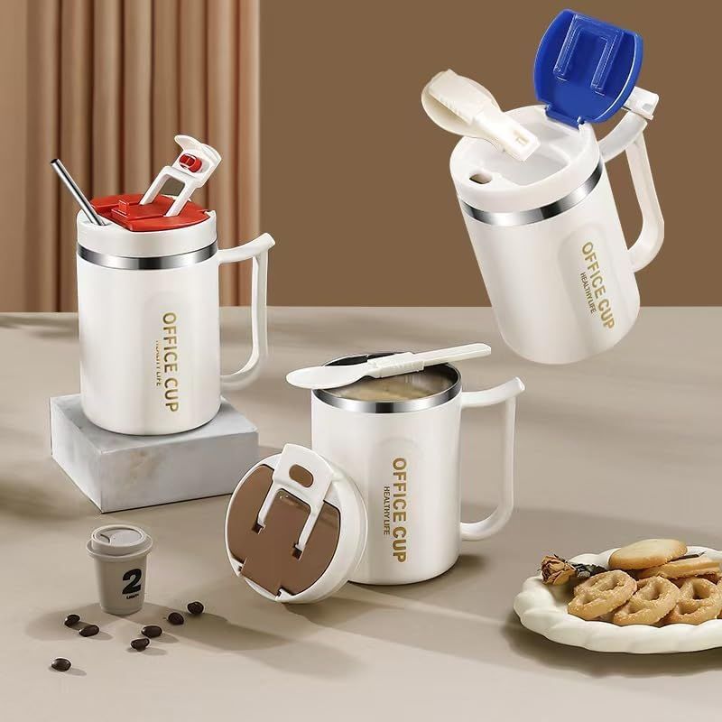 Insulated Coffee Mug 500ml Stainless Steel Phone Stand Lid Straw White Brown